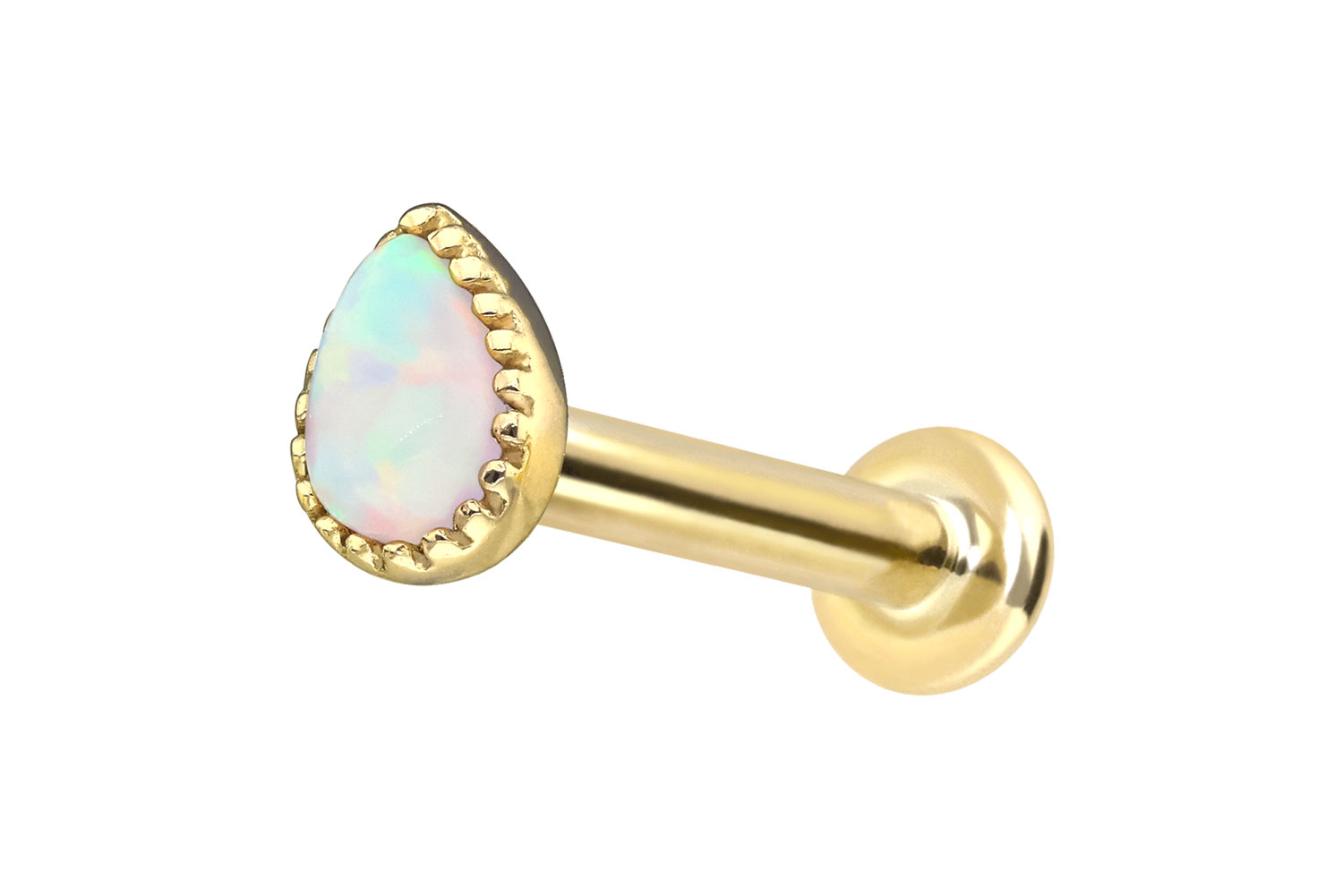 14 Karat Gold Labret Piercing mit Push Fit SYNTHETISCHER OPALTROPFEN